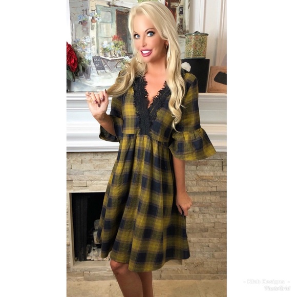 Dresses & Skirts - ❤️Mustard Plaid Flannel Crochet Detail Dress!